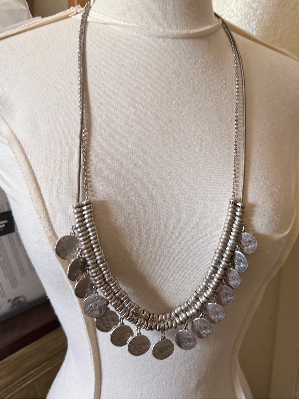 Lucky Brand Bohemian Silver Coin disc Dangle Bib Necklace Adjustable To 32"